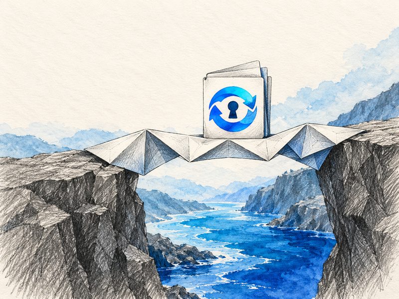 A paper bridge over a canyon carrying a KeeSync file