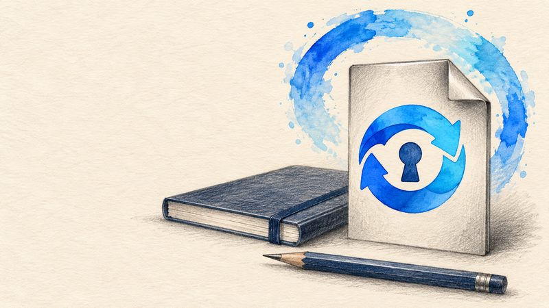 An open sketchbook with a pencil and a document marked with the KeeSync logo