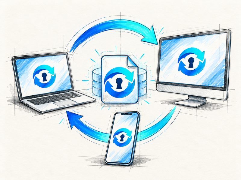 A laptop, a desktop and a phone around one KeePass database, connected by blue sync arrows